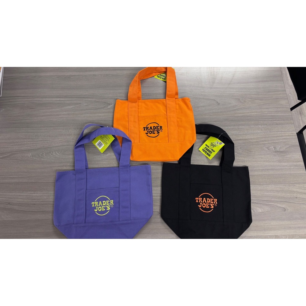 Trader Joe's Mini Canvas Tote Bag Set 3 OS Orange Purple Black NWT Viral Limited